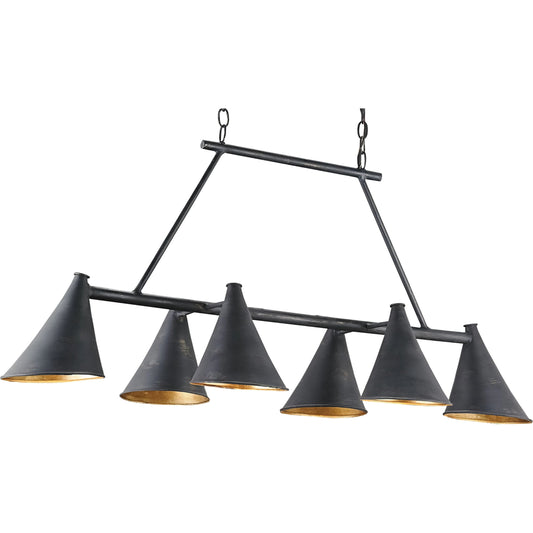 Culpepper Chandelier by Currey and Company in french black, contemporary gold leaf. Made from wrought iron in a modern style.