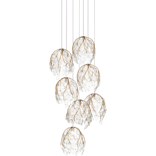 Banyan 7-Light Multi-Drop Pendant by Currey and Company in antique brass, clear, silver. Made from metal, glass in a modern style.