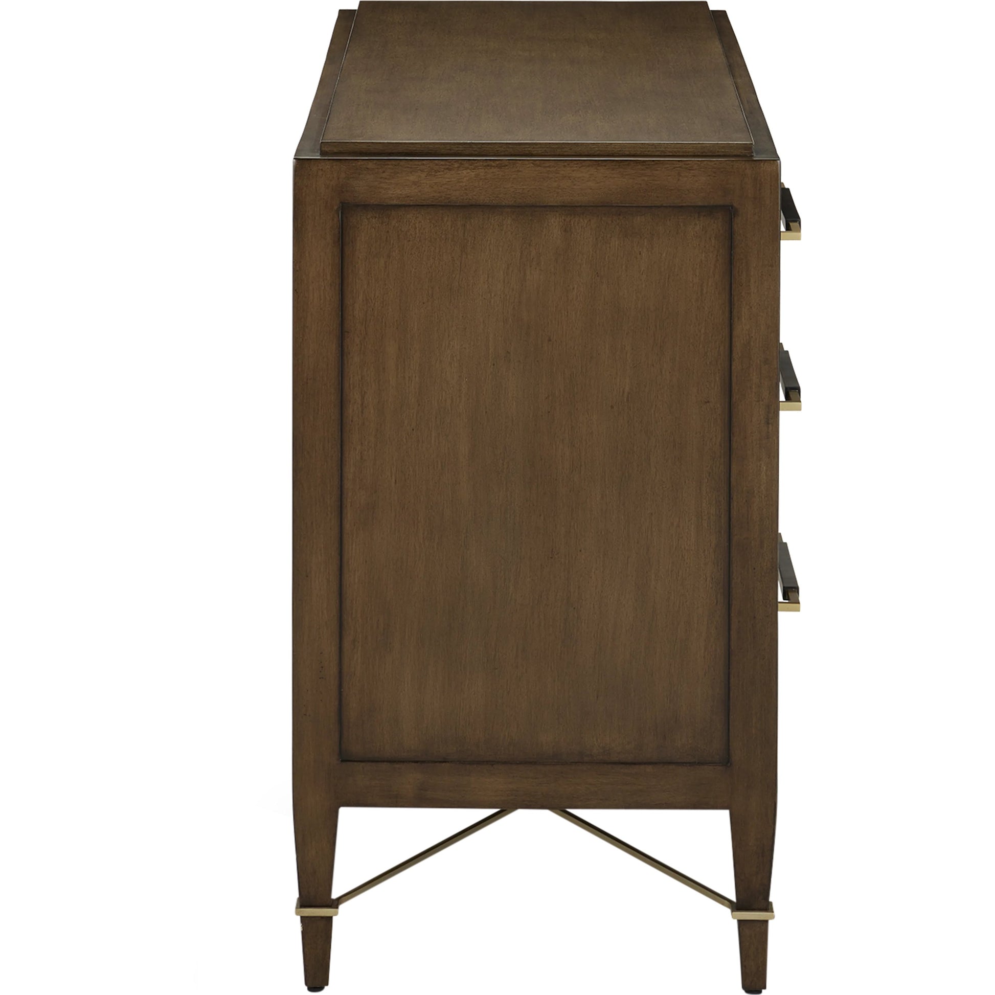 Verona Three-Drawer Chest by Currey and Company in lacquered black linen, champagne. Made from black linen, mahogany, brass, iron in a traditional style.