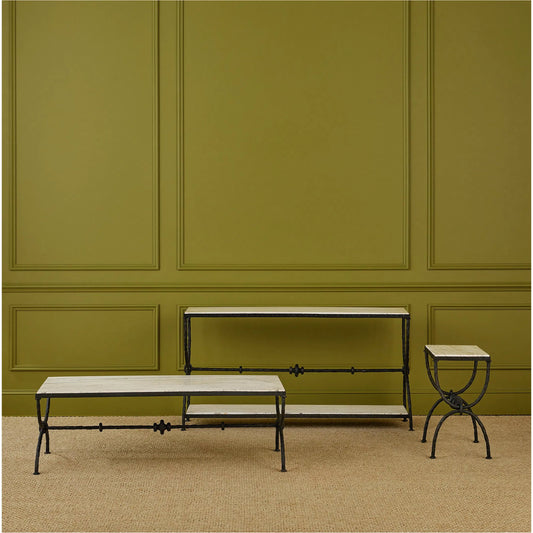 Agora Side Table by Currey and Company in natural, rustic bronze. Made from white travertine, wrought iron in a unique style.