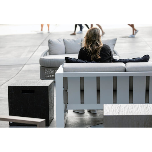 Newport Outdoor Sofa in Cast Silver by Sunset West in frost. Made from aluminum in a modern style.
