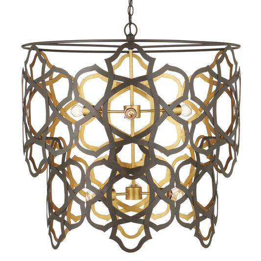 Mauresque Chandelier by Currey and Company in bronze gold, contemporary gold leaf. Made from wrought iron in a eclectic & global style.