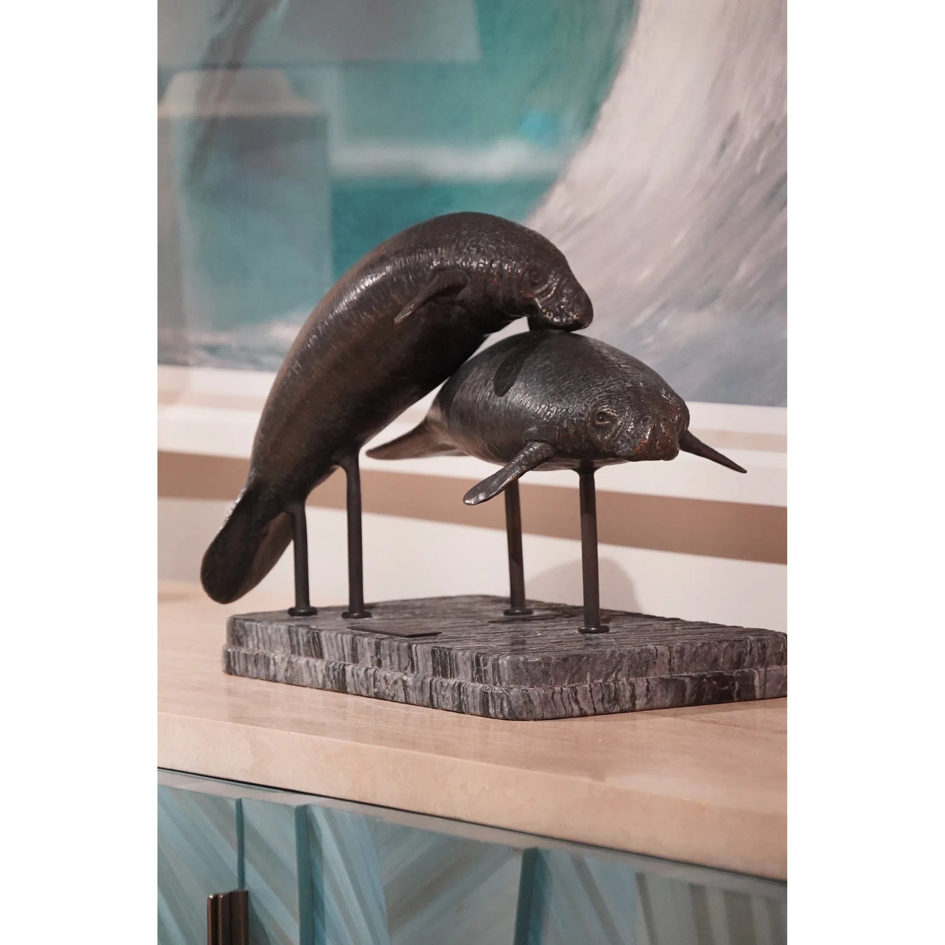 Raised Manatee Bronze Statue with Marble Base by Jonathan Charles in dark rustic waxed bronze. Made from main brass in a unique style.