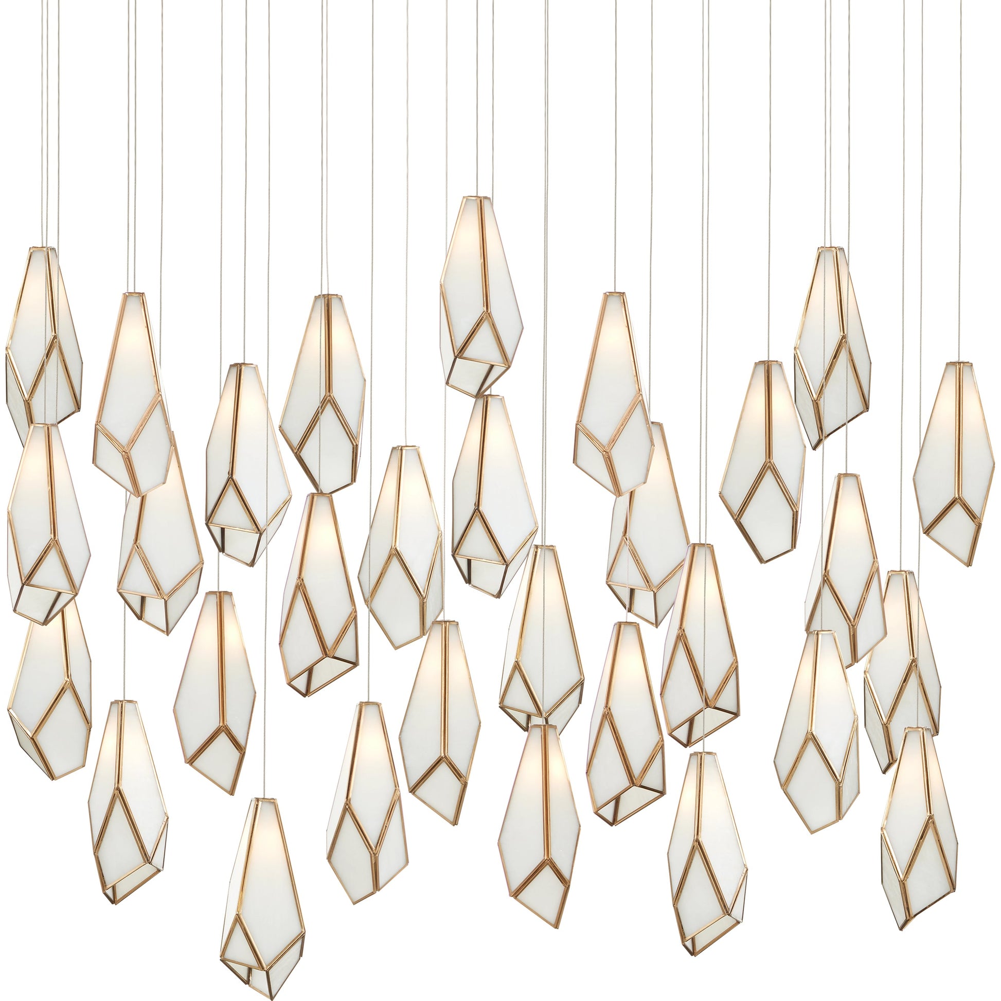 Glace 30-LIGHT Multi-Drop Pendant by Currey and Company in white, antique brass, silver. Made from glass, iron in a modern style.