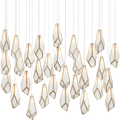 Glace 30-LIGHT Multi-Drop Pendant by Currey and Company in white, antique brass, silver. Made from glass, iron in a modern style.