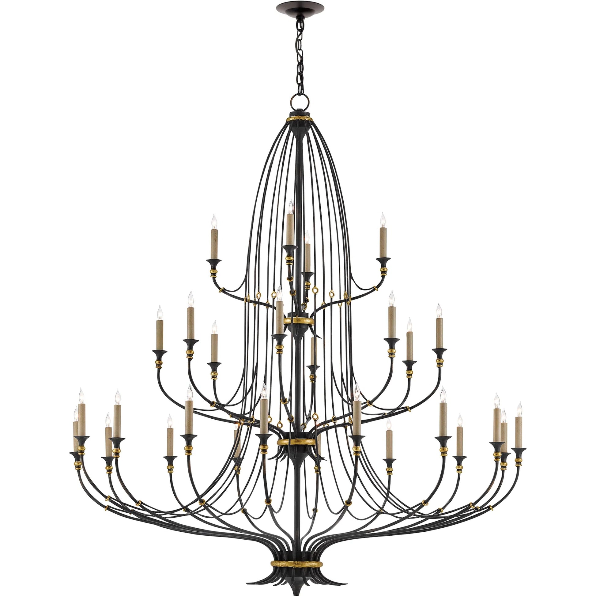 Folgate Chandelier by Currey and Company in french black, gold leaf accents. Made from wrought iron in a traditional style.