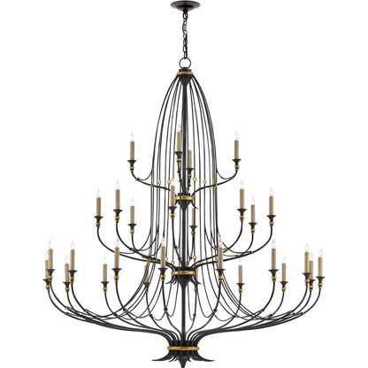 Folgate Chandelier by Currey and Company in french black, gold leaf accents. Made from wrought iron in a traditional style.