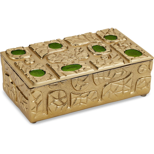 Beau Monde Box by Currey and Company in gold, green, black. Made from cast aluminum, enamel in a unique style.