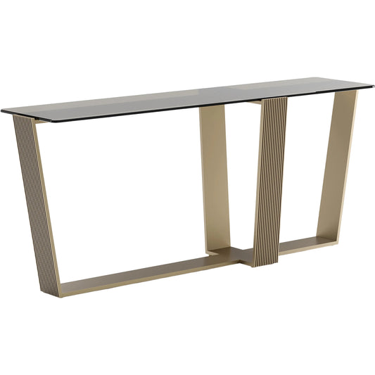 Counter Balance Console Table by Caracole in smoked bronze, brushed gold. Made from glass in a modern style.