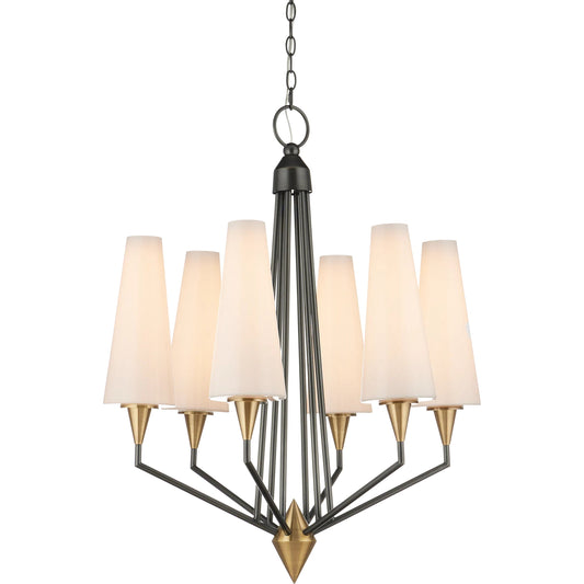 Hennin Chandelier by Currey and Company in polished antique brass, oil rubbed bronze. Made from metal, glass in a modern style.