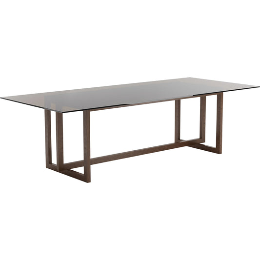Wish You Were Here 104" Rectangular Dining Table by Caracole in smoked, bronze, walnut, gold and new natural walnut. Made from glass in a modern style.