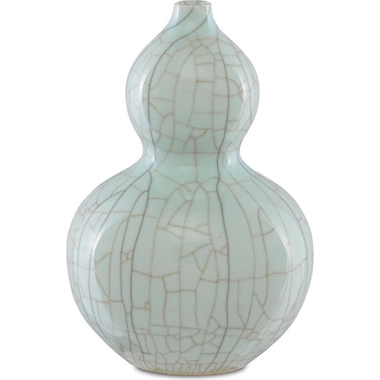 Maiping Double Gourd Vase by Currey and Company in celadon crackle. Made from porcelain in a coastal style.