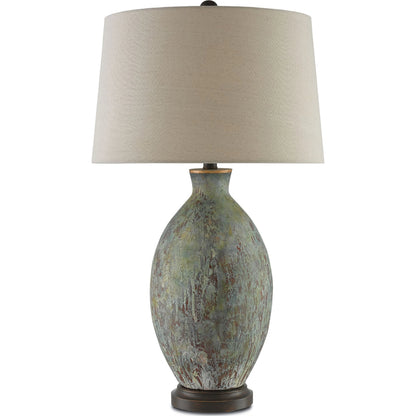 Remi Table Lamp by Currey and Company in green, dark red drip glaze, bronze gold. Made from terracotta, wood in a traditional style.