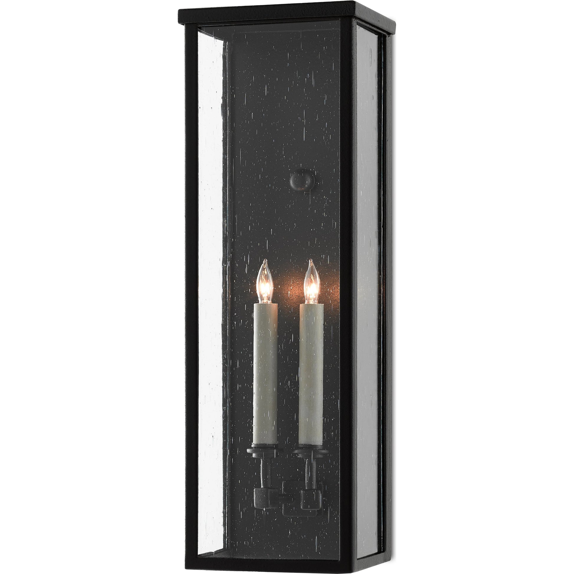 Tanzy Outdoor Wall Sconce by Currey and Company in midnight. Made from wrought iron, seeded glass in a transitional style.