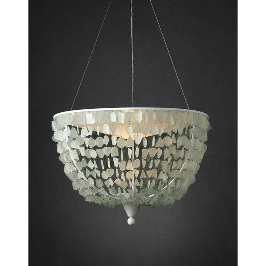Thalassa Pendant by Currey and Company in seaglass, sugar white. Made from glass, wrought iron in a modern style.