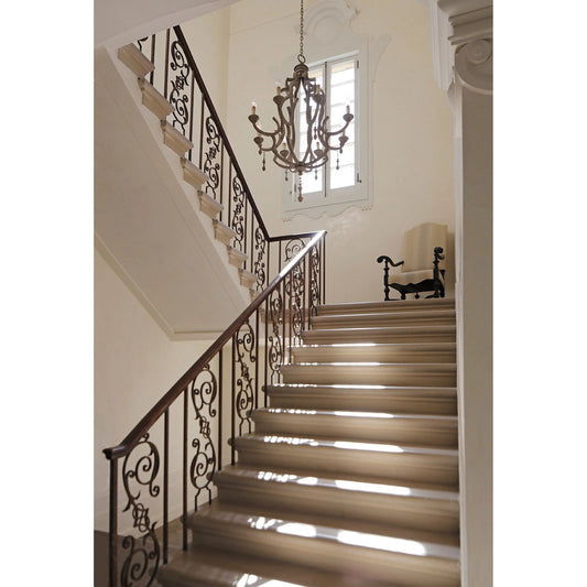 Waterloo Chandelier by Currey and Company in washed gray. Made from iron, wood in a cottage & farmhouse style.