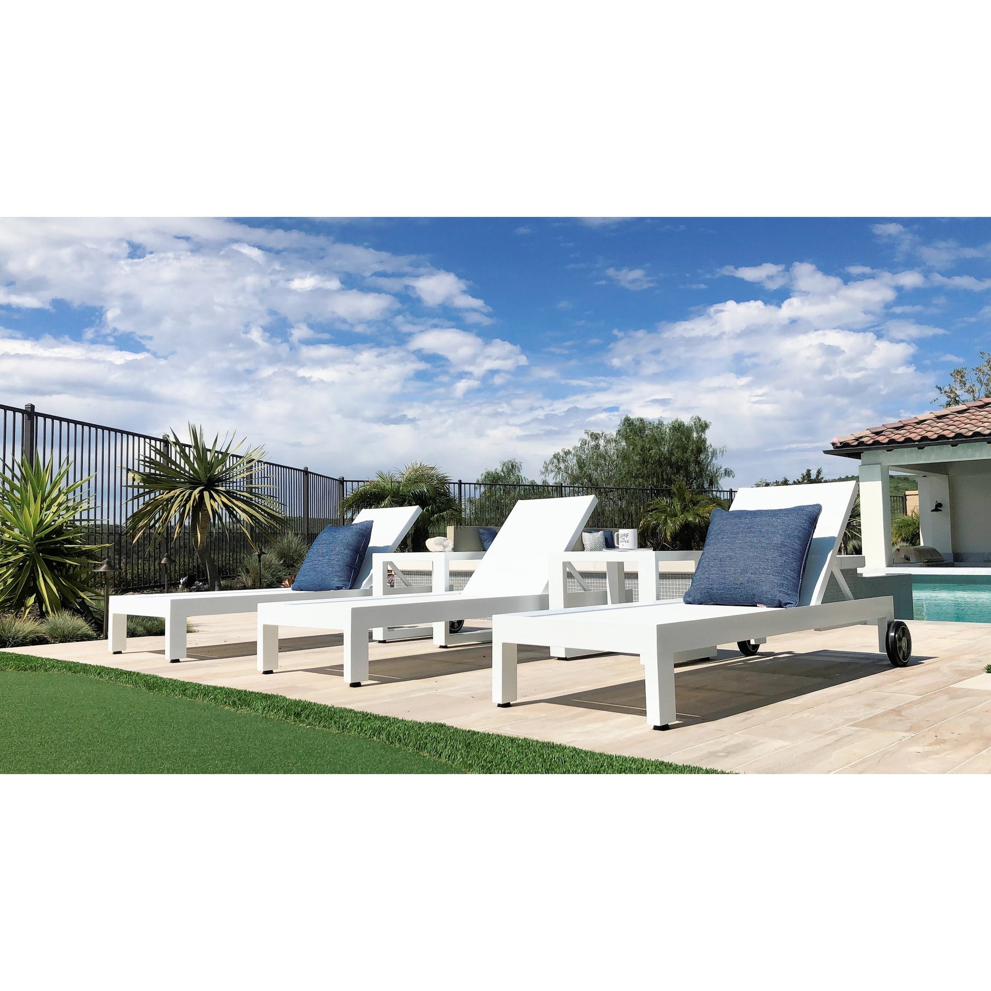 Newport Outdoor Adjustable Sling Chaise by Sunset West in frost. Made from aluminum in a modern style.