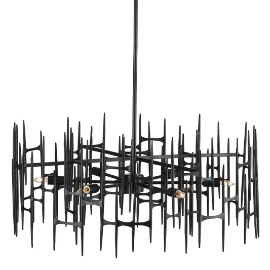 Attingham Chandelier by Currey and Company in satin black. Made from wrought iron in a modern style.