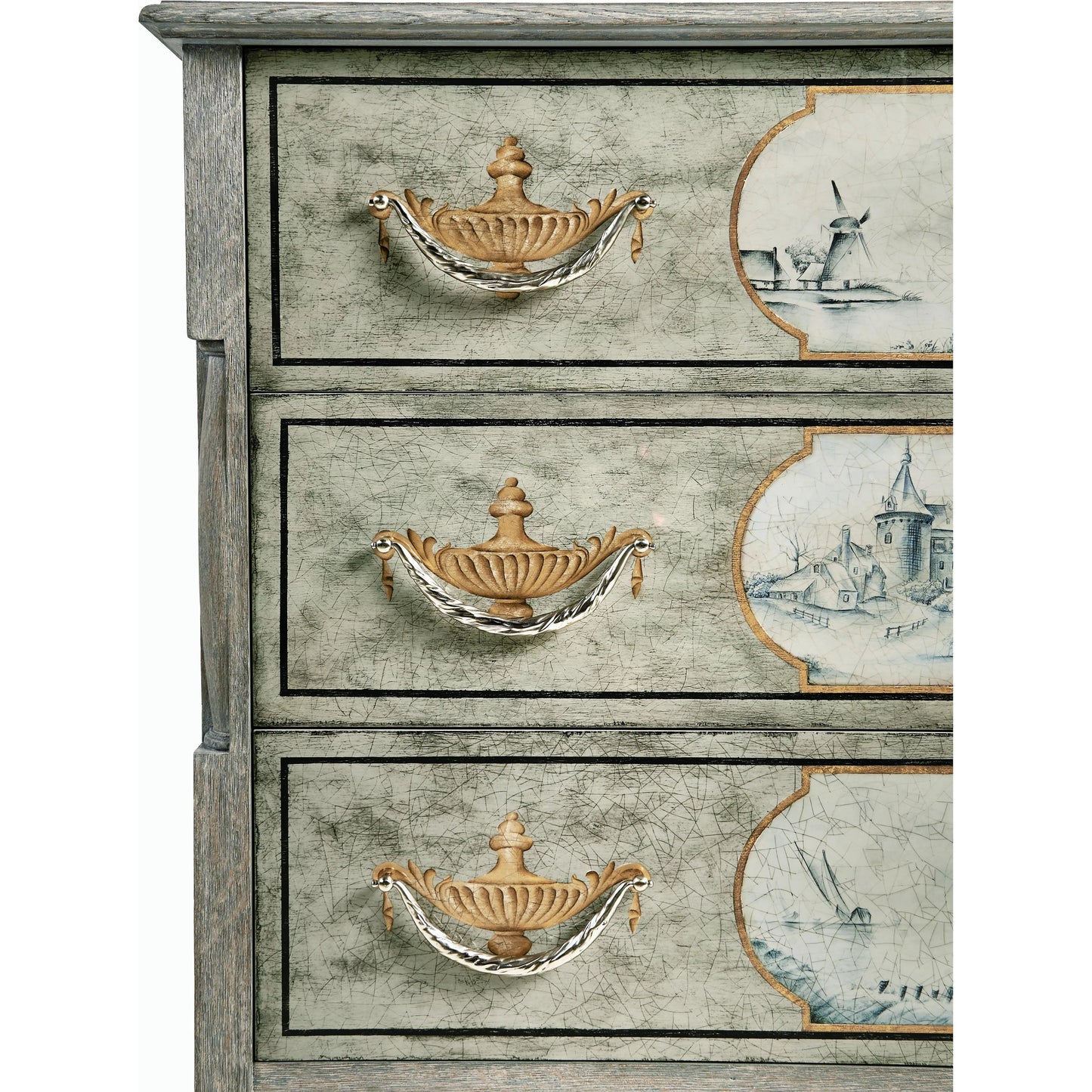 002 SI-2186338 | Closeup | Morningside Chest of Drawers by Jonathan Charles in blue and chipped blue oak. Made from solid oak, flat cut oak veneers, canvas, metal in a modern style.