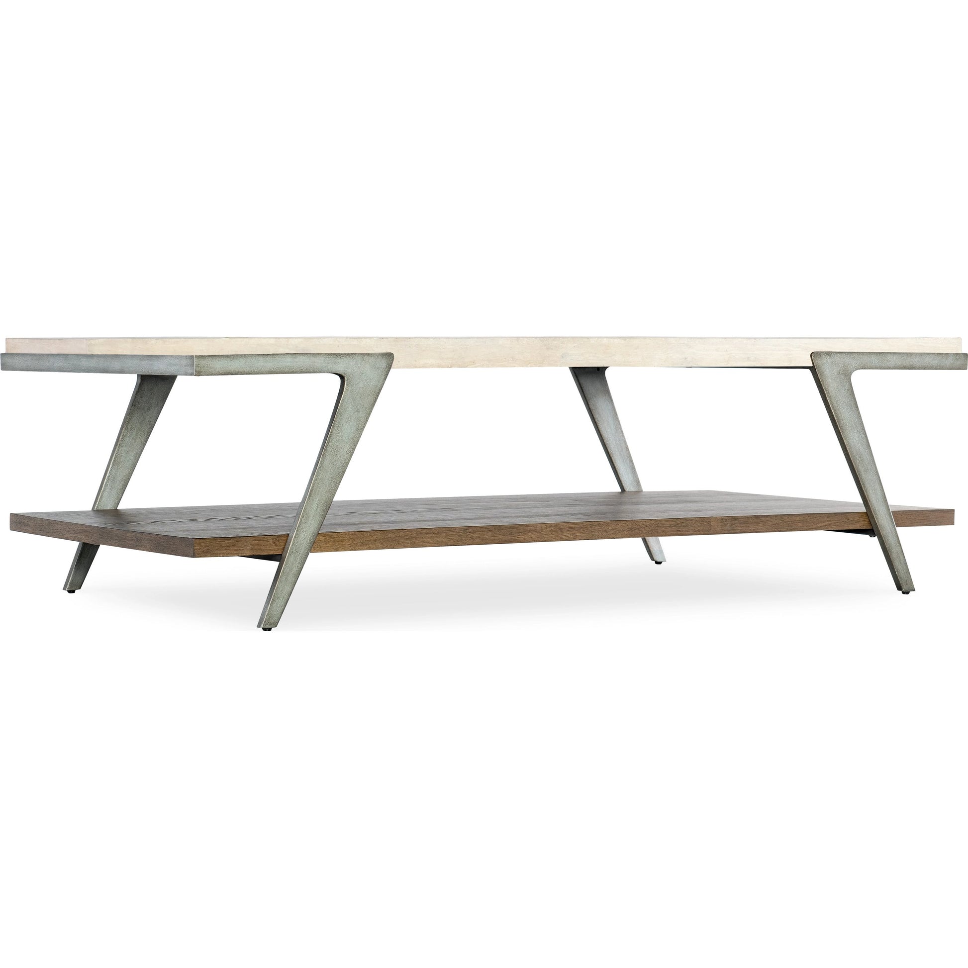 Commerce and Market Boomerang Cocktail Table by Hooker Furniture in cream. Made from sheet metal, travertine marble, oak veneers in a modern style.