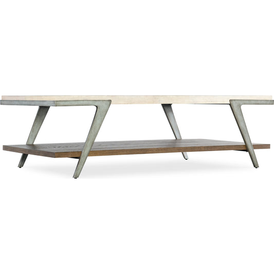 Commerce and Market Boomerang Cocktail Table by Hooker Furniture in cream. Made from sheet metal, travertine marble, oak veneers in a modern style.
