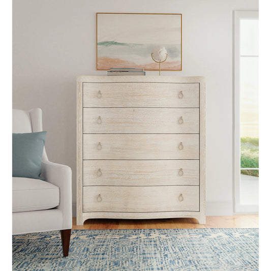 Serenity Monterey Five Drawer Chest by Hooker Furniture in surf, champagne. Made from oak veneers, cedar, felt in a modern style.