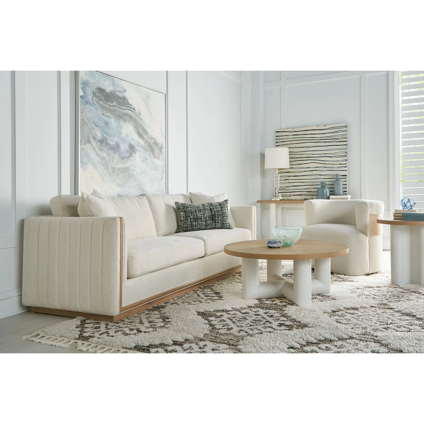 004 SI-2155775 | Lifestyle | Garrison Round Cocktail Table by A.R.T. Furniture in washed oak, emory white. Made from parawood solids with ash embossing, white oak veneers, resin in a modern style.