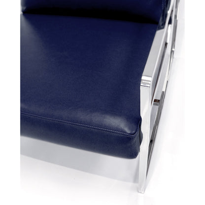 Luxe Chair by Pasargad Home in chrome and navy. Made from faux leather in a modern style.