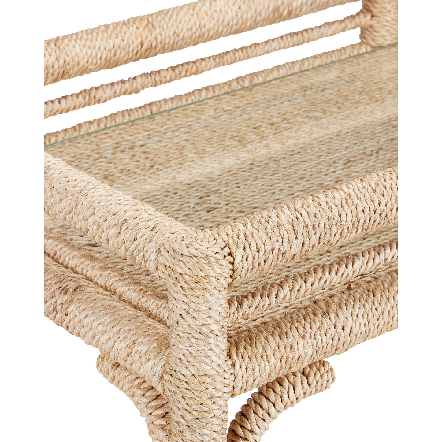 006 SI-1924071 | Closeup | Olisa Bar Cart by Currey and Company in natural, clear. Made from abaca rope, wrought iron, glass in a coastal style.