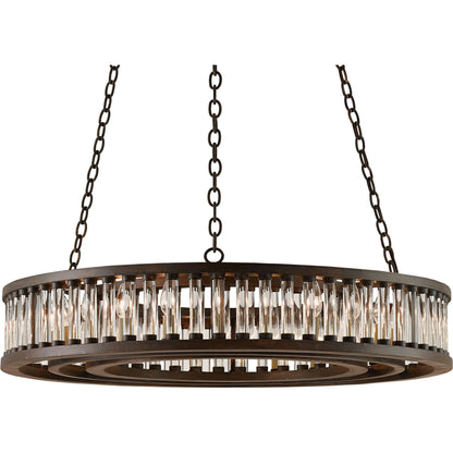 Elixir Round Chandelier by Currey and Company in bronze verdigris. Made from wrought iron, optic crystal in a rustic style.