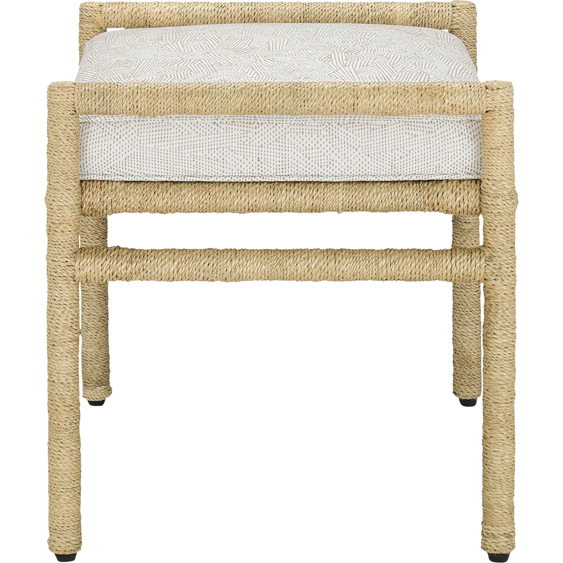 Olisa Ottoman by Currey and Company in pearl. Made from abaca rope, wrought iron, fabric in a coastal style.