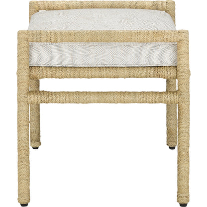 Olisa Ottoman by Currey and Company in pearl. Made from abaca rope, wrought iron, fabric in a coastal style.