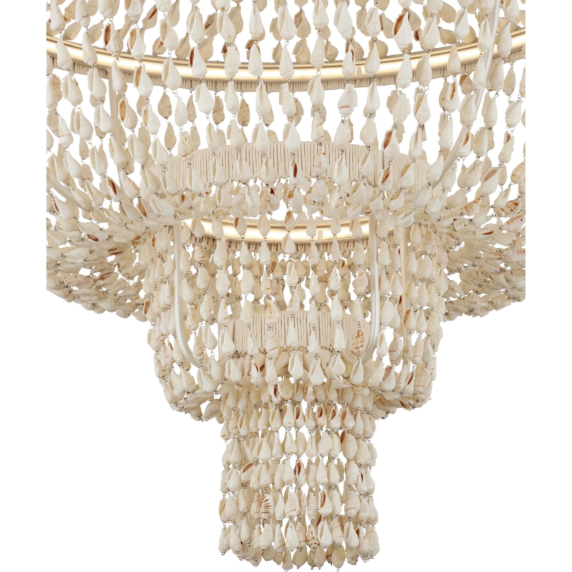 Cybele Chandelier by Currey and Company in natural, pearlized white, white. Made from shells, wrought iron, kraft paper twine in a modern style.