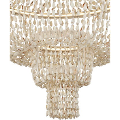 Cybele Chandelier by Currey and Company in natural, pearlized white, white. Made from shells, wrought iron, kraft paper twine in a modern style.
