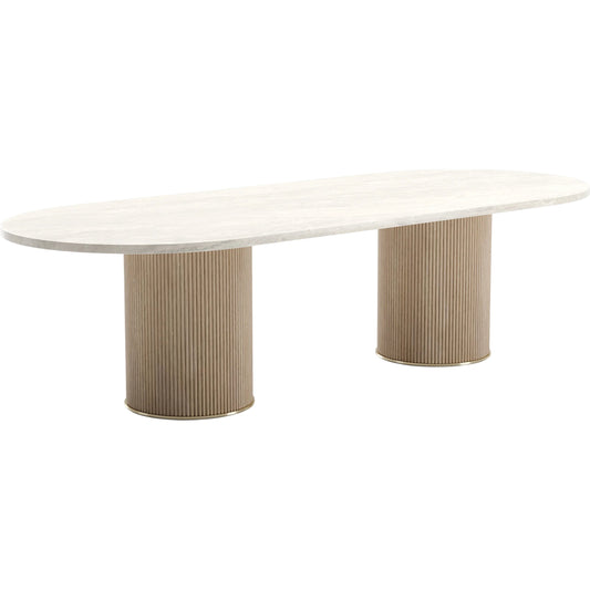 Rhythm Oval Stone Top Dining Table by Caracole in oak, bronze and sun drenched oak. Made from oak in a transitional style.
