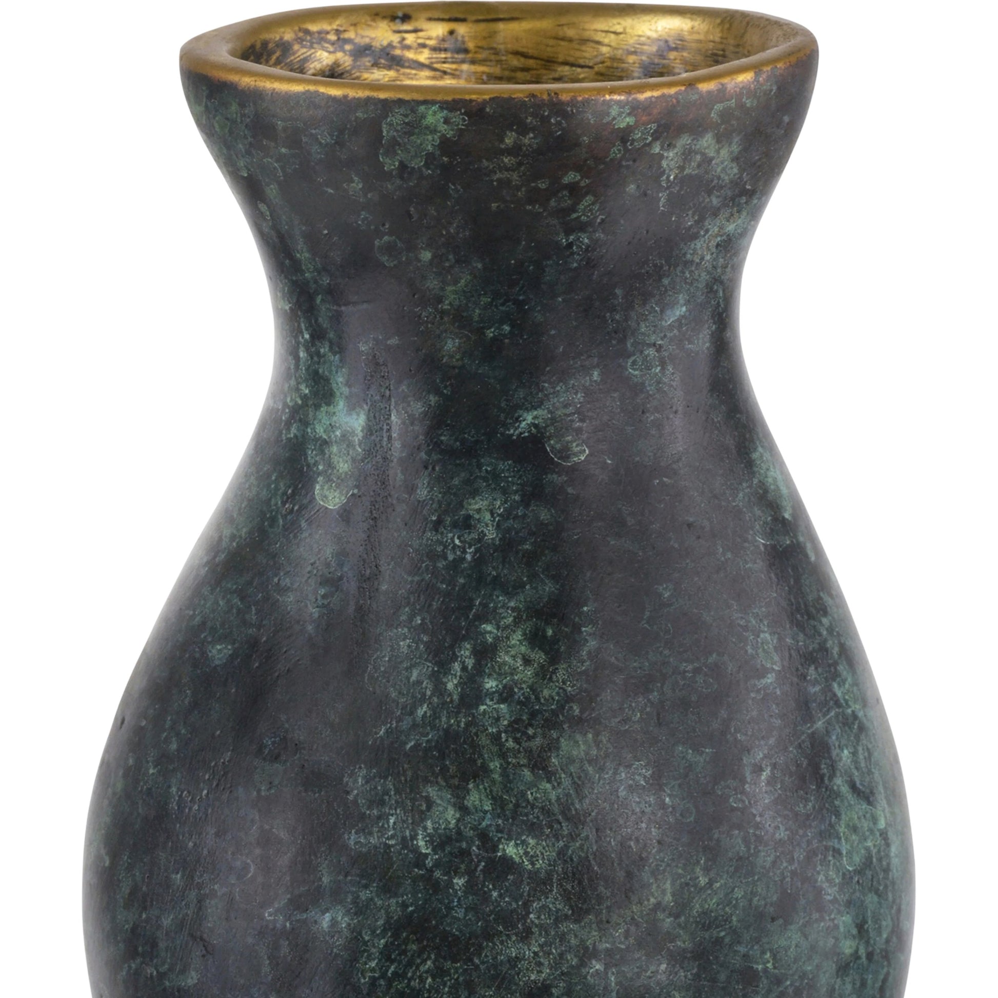 Luganzo Bronze Vase by Currey and Company in jade green, gold. Made from bronze in a modern style.