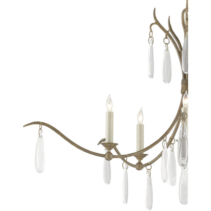 Marshallia Chandelier by Currey and Company in rustic gold, faux rock crystal. Made from wrought iron, glass in a transitional style.
