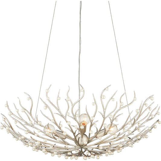 Shinju Pearl Bowl Chandelier by Currey and Company in natural, contemporary silver leaf. Made from pearl, wrought iron in a unique style.