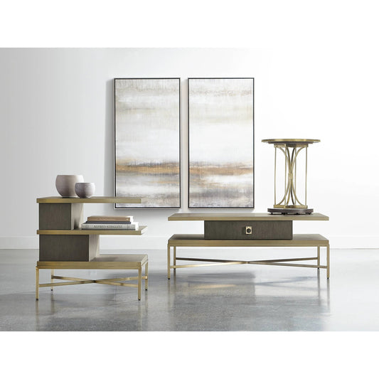 Beaumont Side Table by Bernhardt in charcoal, brass. Made from rubberwood, quartered oak veneers, tubular stainless steel in a modern style.