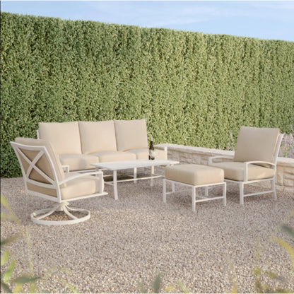 Bristol Outdoor Ottoman in Canvas Flax w/ Self Welt by Sunset West in white. Made from aluminum in a modern style.