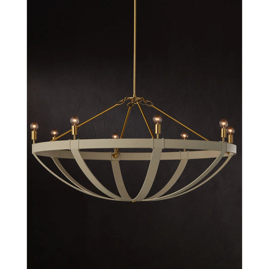 Barrington Chandelier by Currey and Company in cream, brushed brass. Made from leather, stainless steel, brass in a transitional style.