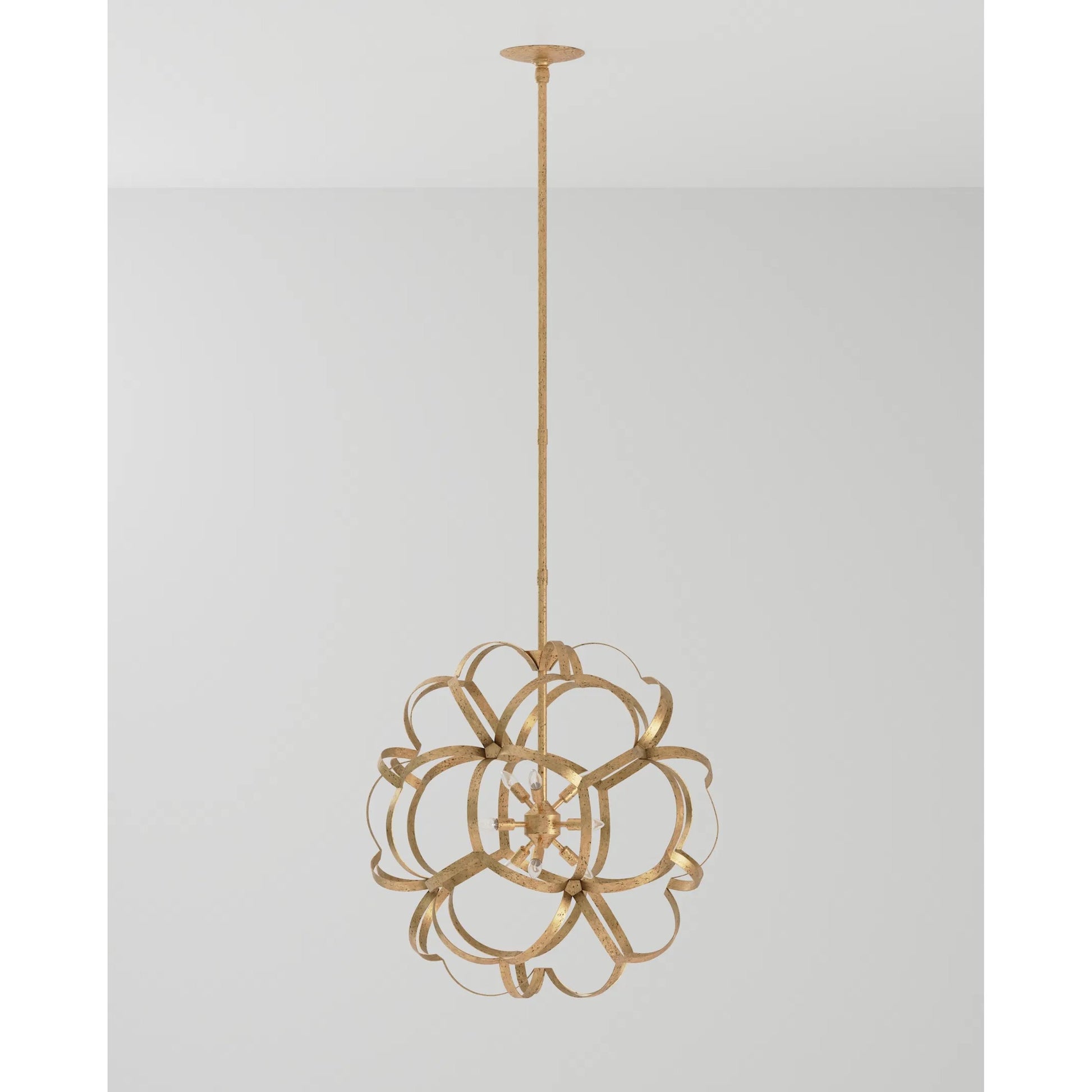 Sappho Orb Chandelier by Currey and Company in new gold leaf. Made from wrought iron in a modern style.