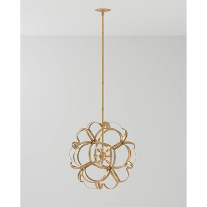 Sappho Orb Chandelier by Currey and Company in new gold leaf. Made from wrought iron in a modern style.