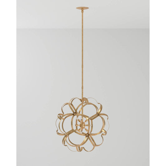 Sappho Orb Chandelier by Currey and Company in new gold leaf. Made from wrought iron in a modern style.