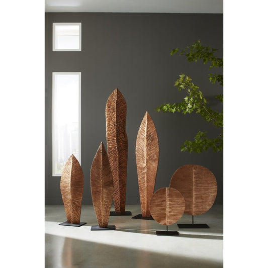 Carved Round Leaf on Metal Stand by Phillips Collection in brown, black and copper. Made from wood in a eclectic & global style.