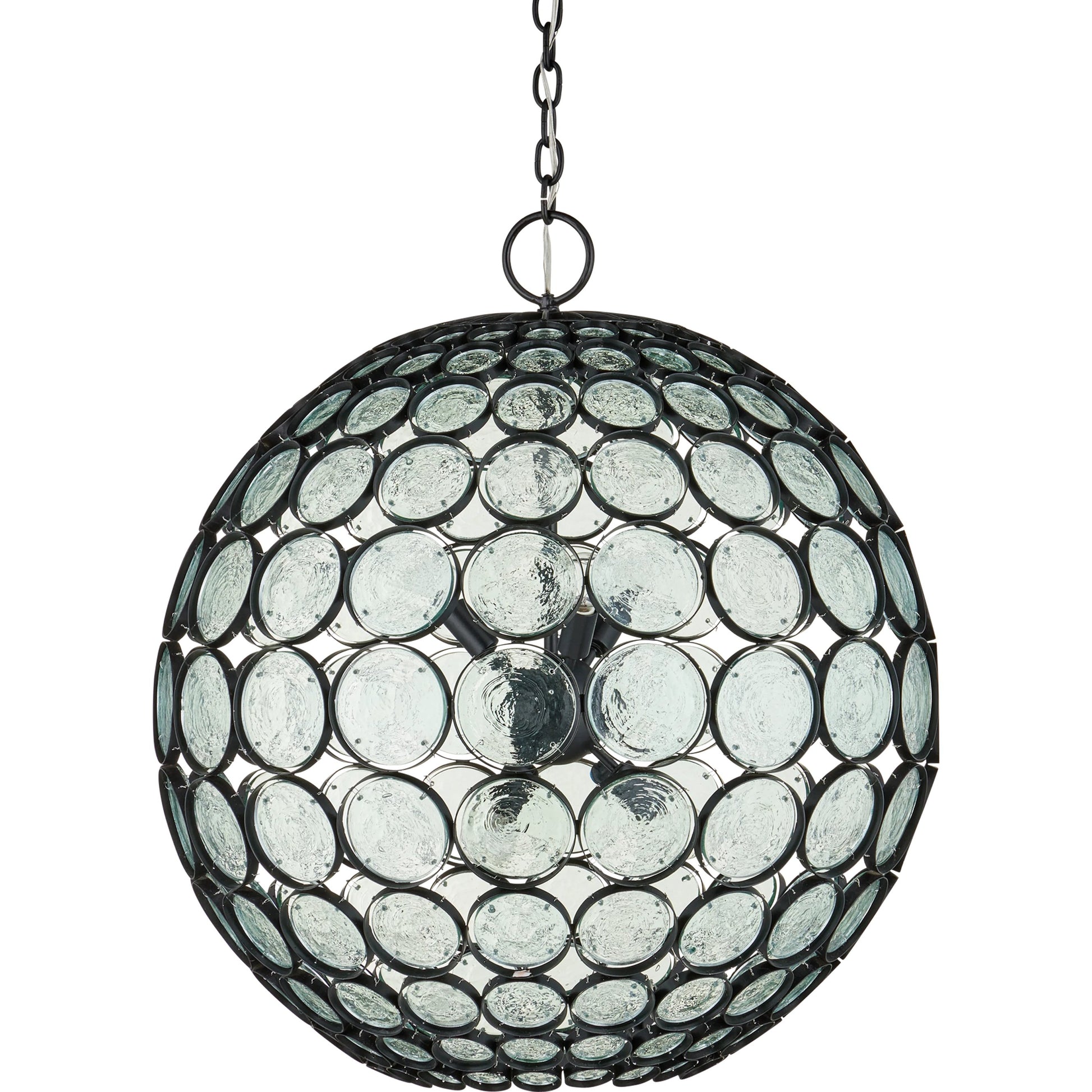 Etude Orb Chandelier by Currey and Company in satin black, clear. Made from wrought iron, recycled glass in a modern style.