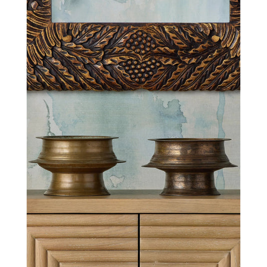 Tanjore Ritual Bowl by Currey and Company in antique brass. Made from brass in a rustic style.