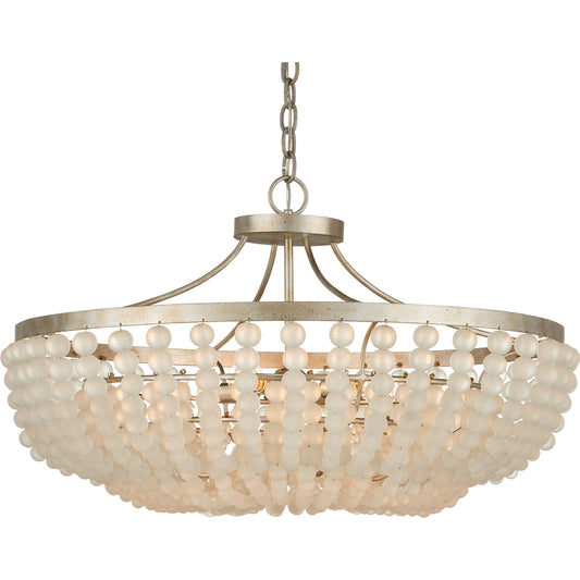 Chanteuse Semi-Flush Mount by Currey and Company in frosted, silver granello. Made from glass beads, wrought iron in a unique style.