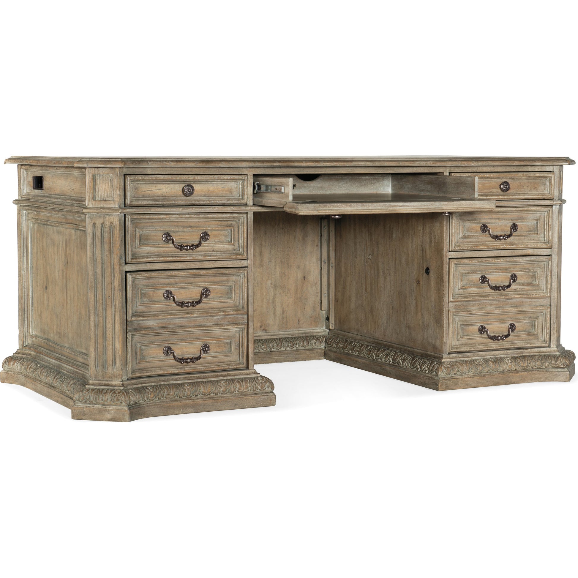 Castella Executive Desk by Hooker Furniture in antique slate. Made from pecan, quartered hickory, quartered black walnut, quartered ash, maple veneers with leather in a traditional style.