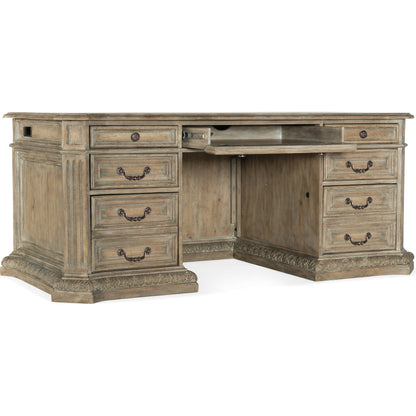 Castella Executive Desk by Hooker Furniture in antique slate. Made from pecan, quartered hickory, quartered black walnut, quartered ash, maple veneers with leather in a traditional style.
